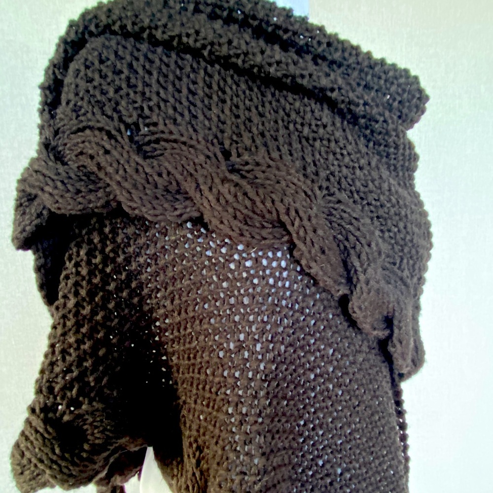 New Hand Knit reversible triangular shawl, extra long scarf with braided border